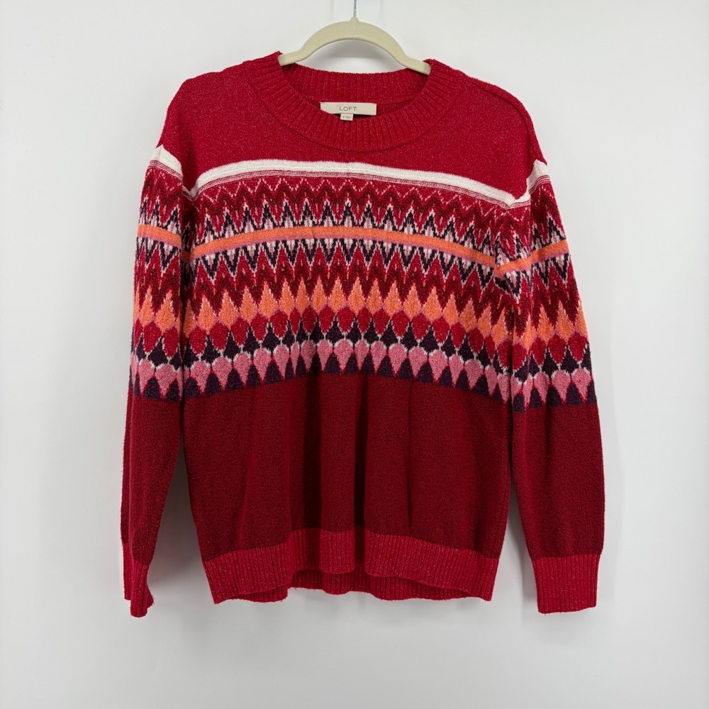 LOFT Sweater Red Multi Women Medium Fair Isle Geometric Knit Crew Neck Pullover‎
